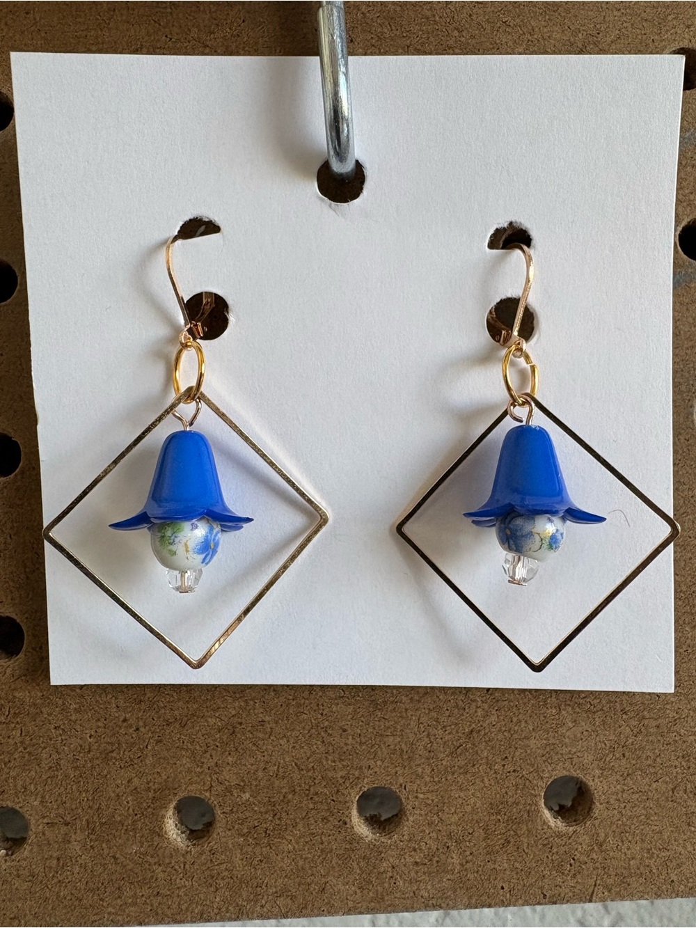 Hand Crafted Blue Bell Flower Earrings with Gold Diamond Frame